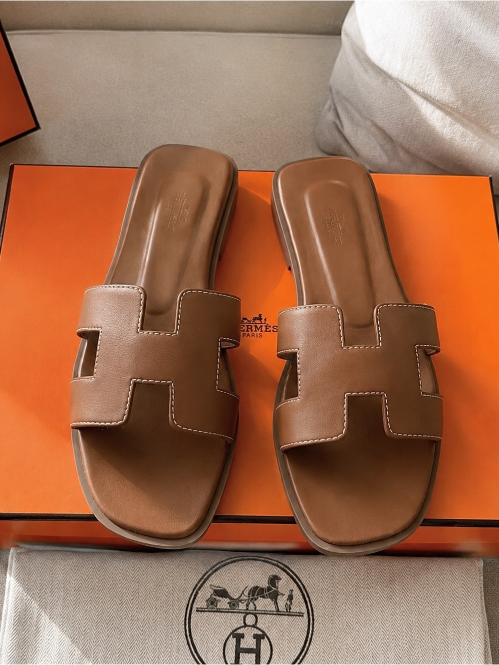 Hermes Cognac Leather H Slide Sandals